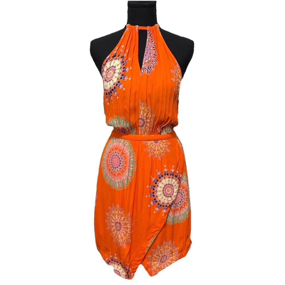 Anthropologie Floreat Orange Boho Medallion Halter Midi Dress Wrap Skirt Size 6